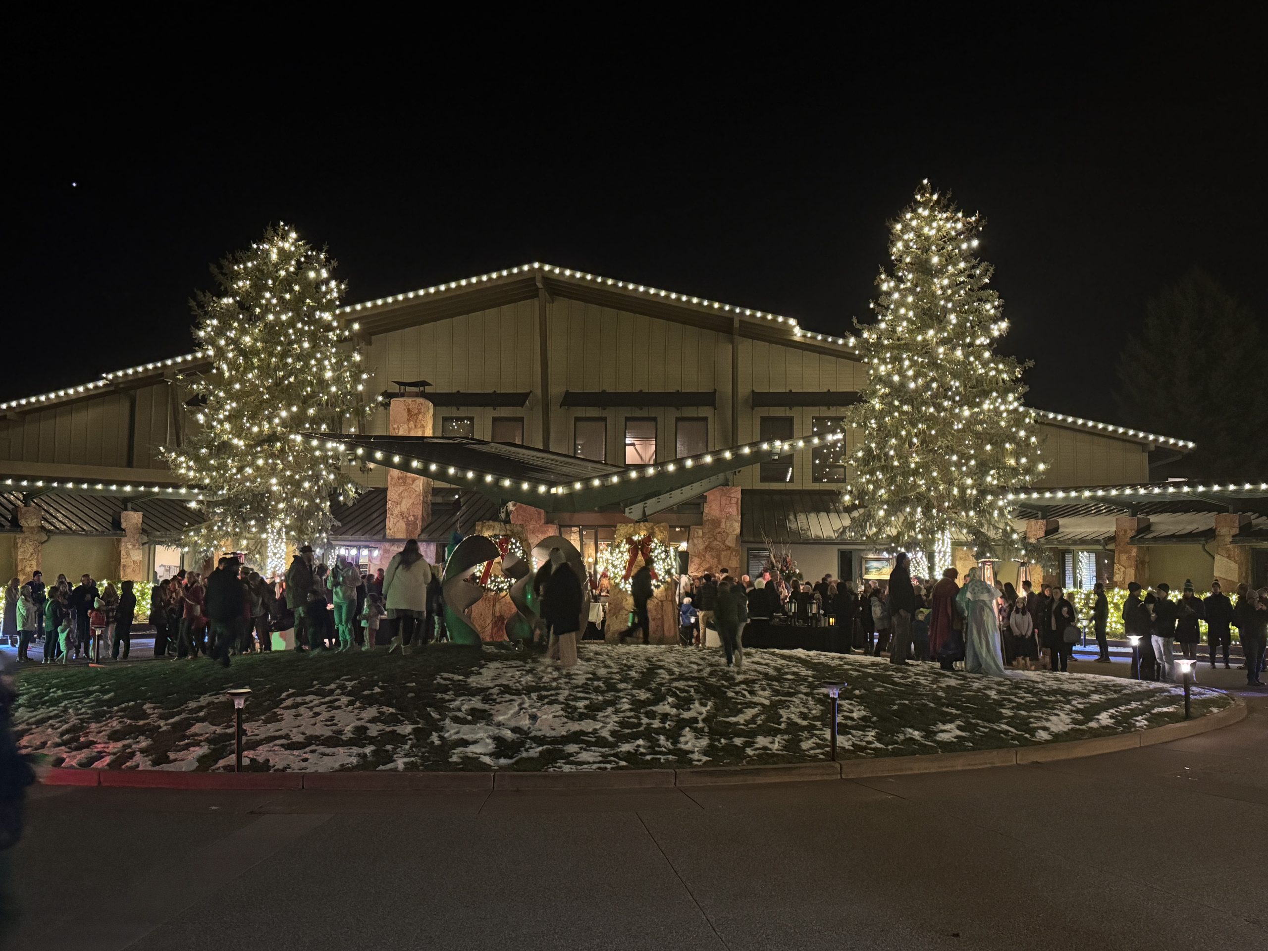 festive lighting in the night time at the Garden of the Gods Resort & Club in Colorado Springs